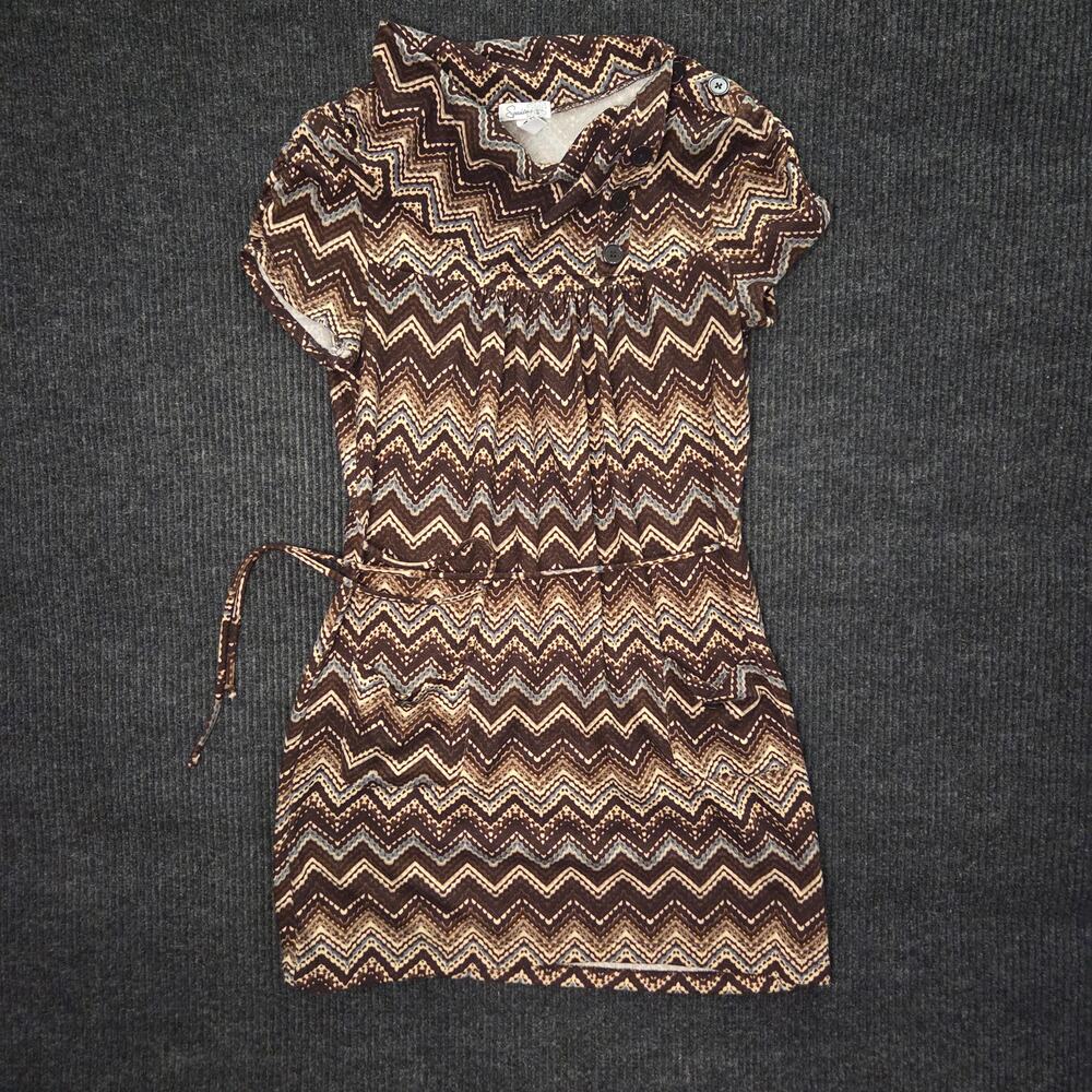 Large Brown Boho Dress Retro Mod Chevrons Synched Waist